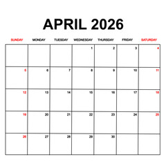 april 2026 with holydays or red dates. monthly calendar design with week starts on sunday. printable, simple, and clean vector design isolated on white background.