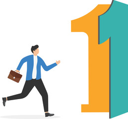 The doorway to success, key to success, business goals, target achievement, successful career or victory concept. Businessmen are running toward the number one shape.

