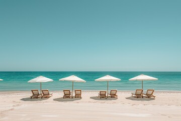 Fototapeta premium A beach with four umbrellas and four lounge chairs