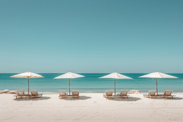 Fototapeta premium A beach scene with four umbrellas and four lounge chairs
