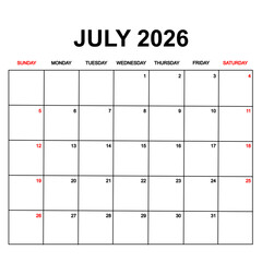 july 2026 with holydays or red dates. monthly calendar design with week starts on sunday. printable, simple, and clean vector design isolated on white background.