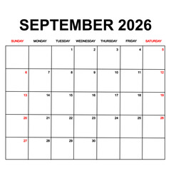 september 2026 with holydays or red dates. monthly calendar design with week starts on sunday. printable, simple, and clean vector design isolated on white background.