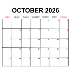 october 2026 with holydays or red dates. monthly calendar design with week starts on sunday. printable, simple, and clean vector design isolated on white background.