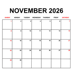 november 2026 with holydays or red dates. monthly calendar design with week starts on sunday. printable, simple, and clean vector design isolated on white background.