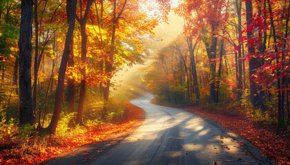 Fototapeta premium Autumn Road Through a Golden Forest