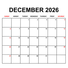december 2026 with holydays or red dates. monthly calendar design with week starts on sunday. printable, simple, and clean vector design isolated on white background.