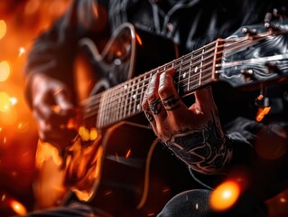 Obraz premium Musician passionately playing an acoustic guitar on a dimly lit stage