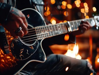 Obraz premium Musician passionately playing an acoustic guitar on a dimly lit stage
