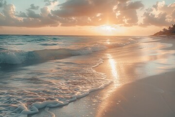 The ocean is calm and the sun is setting, creating a beautiful