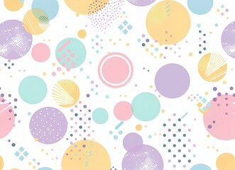 Colorful pastel geometric background pattern with circles, dots and chevron shapes in light pink, yellow, and purple colors, cute summer pattern for design, colors reminiscent of 80s retro posters