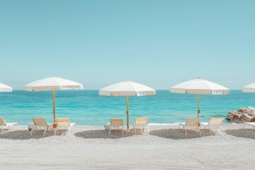Fototapeta premium A beach scene with several white umbrellas and chairs