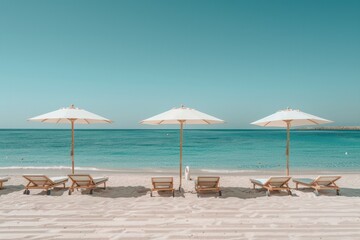 Fototapeta premium Three beach umbrellas are set up on a sandy beach, with chairs underneath them