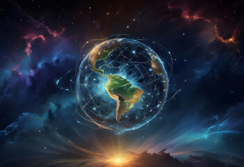 Earth communication network Concentric circles of radiating magnetism and wifi technology to create a global connection.