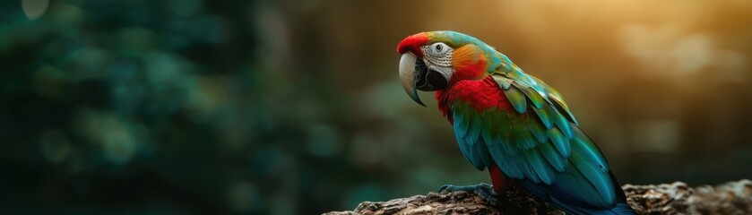 Vibrant Macaw Parrot Perched on Branch in Lush Tropical Forest with Sunlight