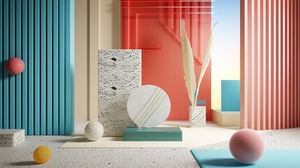 A modern abstract composition featuring geometric shapes, including spheres, cylinders, and rectangular prisms, in a colorful setting with a mix of textures such as marble and terrazzo.