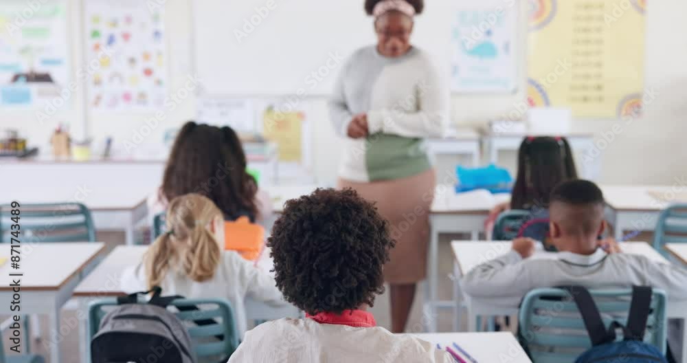 Poster back, student and raised hand for answer in classroom with question, knowledge and learning in educa