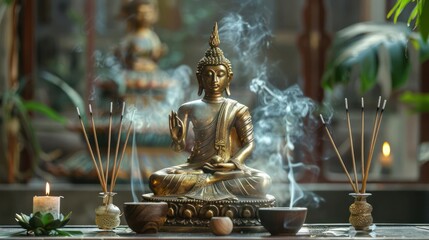 Peaceful Thai style golden buddha statue seated in a meditative pose calm peace and serene in nature environment with candle and incense sticks for relax meditation image.