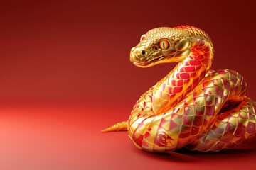 Stunning golden snake with intricate red details coils elegantly against a vibrant red background, symbolizing chinese new year and the year of the snake