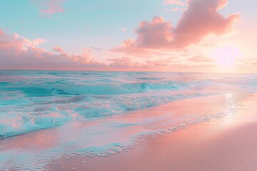 A beautiful beach with a pink and blue sky