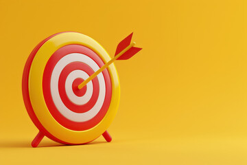 Arrow hitting the center of a target on a yellow background, symbolizing achieving a goal