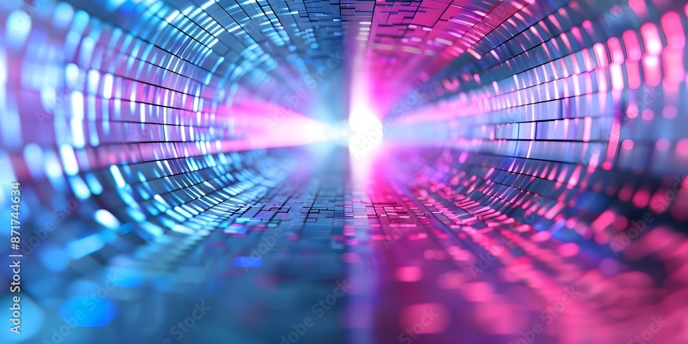 Poster mysterious behavior of virtual quantum particles in a colorful pixelated digital landscape. concept 