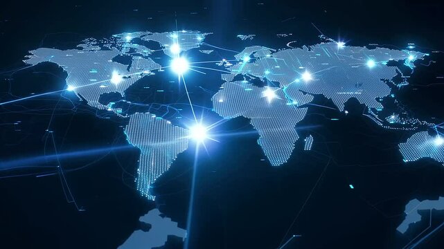 A global map focusing on bright dots showing the network connections of data centers - Powered by Adobe