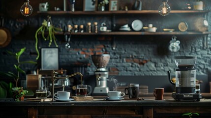 Cozy coffee shop with brewing equipment