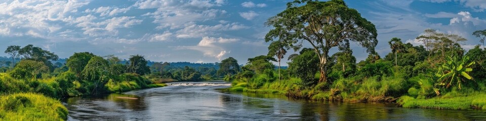 African Forest Jungle Landscape with Uganda River Panorama