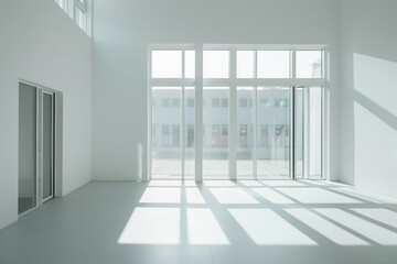 Fototapeta premium Big White Room. Minimalistic Interior Design with Roomy Space and Glass Door