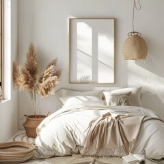 Boho Frame. Coastal White Bedchamber Interior with Poster Frame Mockup