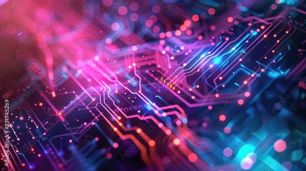 Poster the image is a circuit board. it has many electronic components on it. the colors are bright.