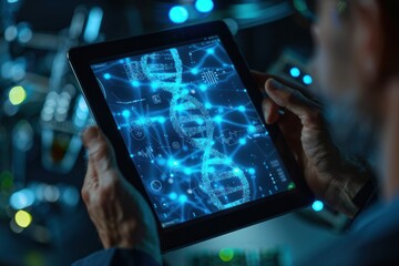 A man is holding a tablet with a blue screen that has a DNA strand on it