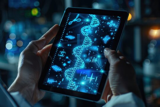 A person is holding a tablet with a blue screen that has a DNA strand on it