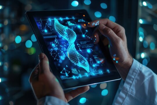 A person is holding a tablet with a blue and green image of a DNA strand