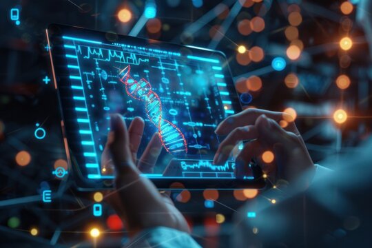 A person is using a tablet to look at a DNA sequence