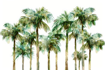 Obraz premium Watercolor painting of palm trees with lush green leaves reaching towards a clean white background