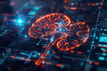 A computer generated image of a brain with a red and blue color scheme