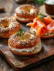 Wooden cutting board with bagels