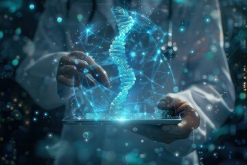 A person is holding a tablet with a blue DNA strand on it