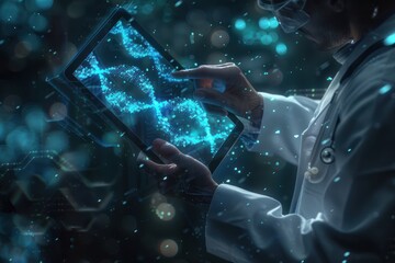 A man is holding a tablet with a blue screen that has a DNA strand on it