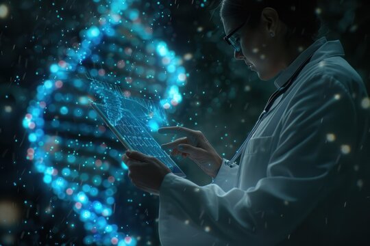 A woman in a lab coat is looking at a tablet with a blue DNA strand on it