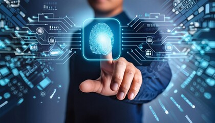business man Fingerprint scanning and biometric authentication, cybersecurity and fingerprint password, future technology