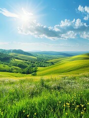 Obraz premium A sunny summer landscape with rolling hills and a bright sky, ample copy space