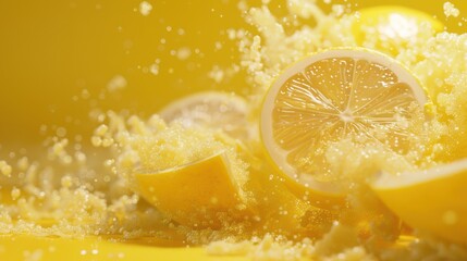 Exploding lemon slices with colored powder on a fuzzy yellow background