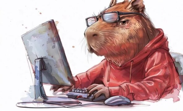 smiling capybara dressed in a sweatshirt and viar glasses and playing a computer game highly detailed