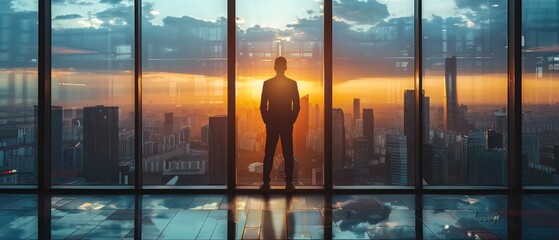 A visionary CEO stands in front of a large window with a panoramic city view Their gaze is fixed on the horizon symbolizing the pursuit of ambitious goals The modern office setting underscores the
