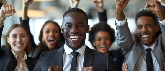 Fototapeta premium A team of business leaders celebrates a significant milestone in a stylish conference room Their joyful expressions and the celebratory atmosphere emphasize the achievement of goals and the rewards