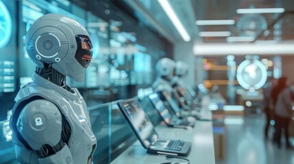 An image portraying the transition from traditional banking to futuristic AI-powered services. The old section shows human tellers behind glass counters, engaging with customers, while the future