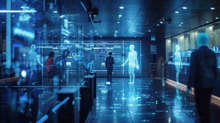 An image portraying the transition from traditional banking to futuristic AI-powered services. The old section shows human tellers behind glass counters, engaging with customers, while the future