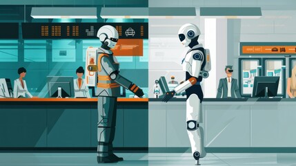 Naklejka premium An image depicting the evolution of banking from human-operated services to AI-driven solutions. On one side, a traditional bank with human staff handling transactions, and on the other, a futuristic